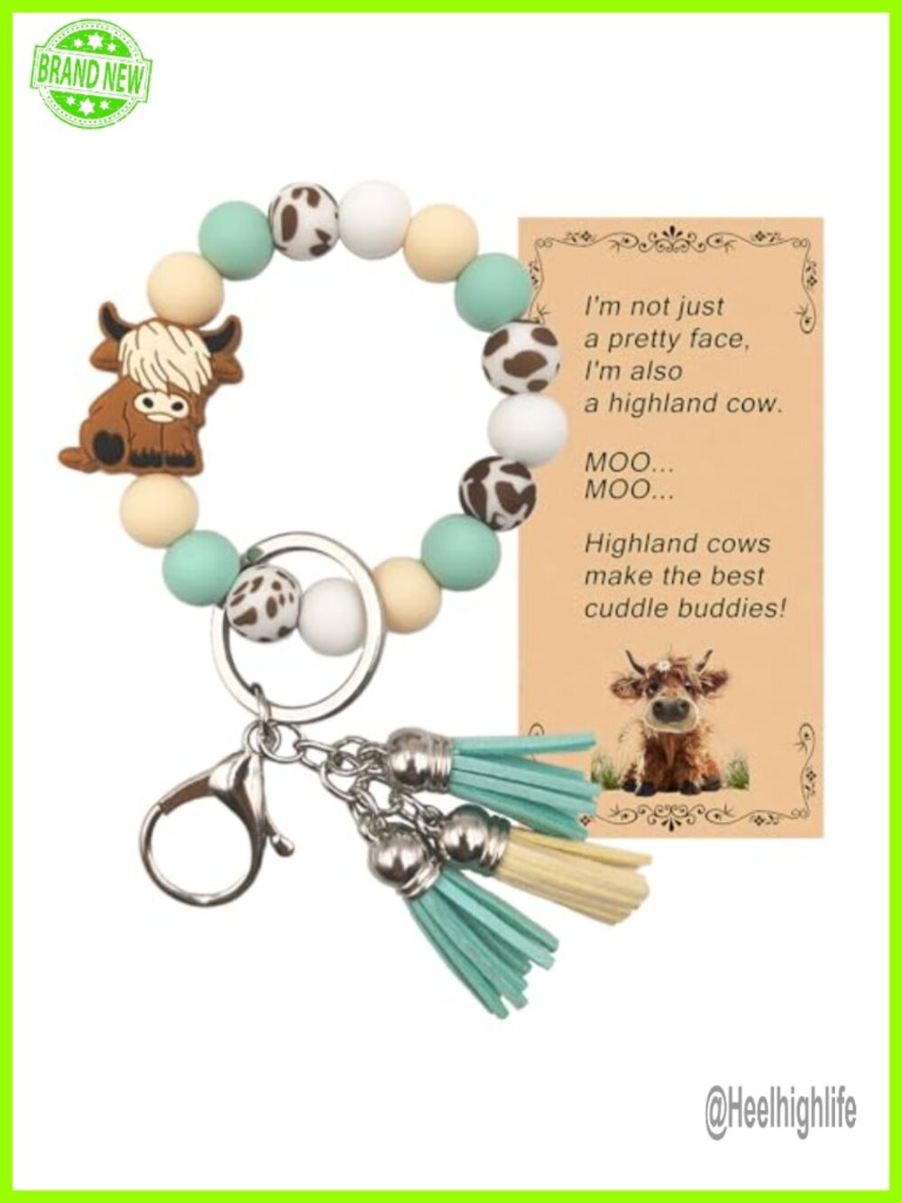 Silicone Beaded Wristlet Keychain Bracelet with Highland Cow Charm, Adjustable